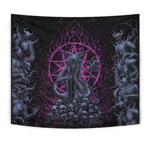 New! Original Skull Satanic Malevolent Cyclops Baphomet Goat Demon Invasion Large Wall Decoration Tapestry  Awesome Blue Pink--Baphomet Wall
