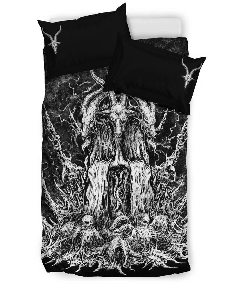 Discover Satanic Skull Goat 3 Piece Duvet Set Black And White Version With Pentagram Goat Pillow Cases-Satanic Goat Home Decor-Satanic Room Decor-