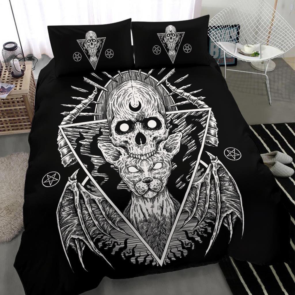 Gothic Skull Cat Inverted Pentagram Version 3 piece Duvet Set-Gothic Skull Cat Bed Cover-Gothic Bed Cover-