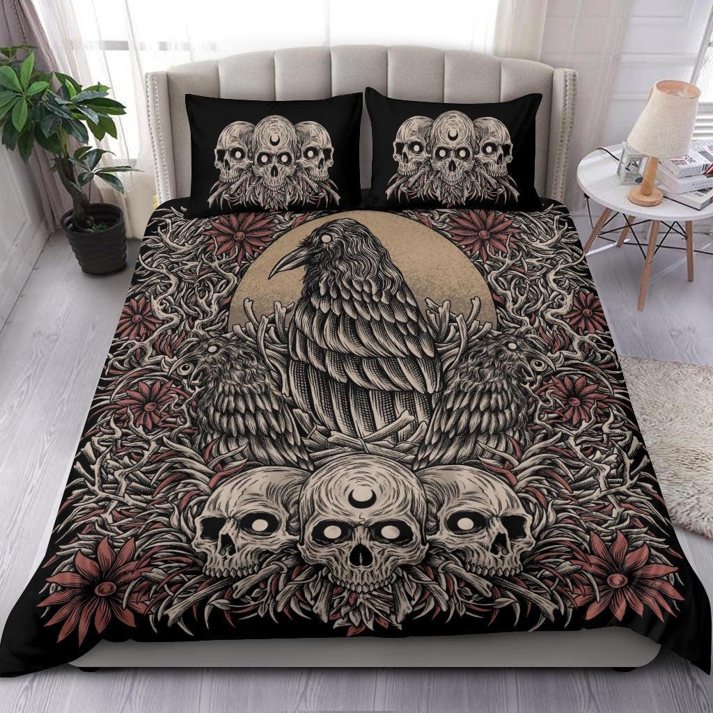 Discover Skull Gothic Occult Crow 3 Piece Duvet Set Color Version-Gothic Occult Bedding-Skull Goth Bedding-