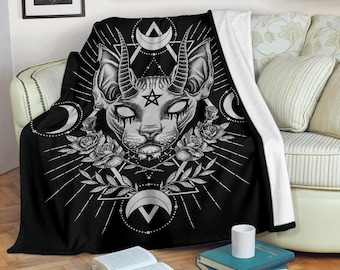 Gothic Occult Black Cat Unique Sphinx Style Awesome Demonic White Eye Blanket Black and White--Goth Occult Cat blanket-