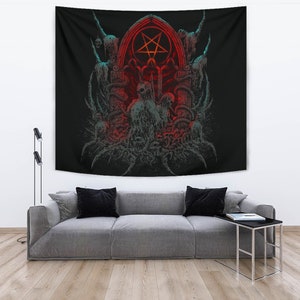 Skull Skeleton Satanic Pentagram Shrine Large Wall Tapestry Color Version-Satanic Wall Decor-Satanic Home Decor-Goth Satanic Wall Decor-