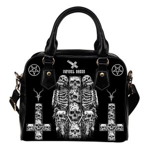 Satanic Skull Inverted Cross Inverted Pentagram With Pentagram Goat Head Premium Leather Handbag-Satanic Purse-Satanic Handbag-