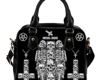 Satanische Schedel Omgekeerd Kruis Omgekeerd Pentagram Met Pentagram Geitenkop Premium Lederen Handtas-Satanische Portemonnee-Satanische Handtas-