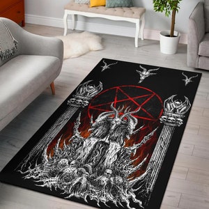 Skull Skeleton Satanic Goat Flame Color Satanic Pentagram Area Rug With Pentagram Goat Heads-Sataniic Goat Rug-Satanic Goth Occult Rug-