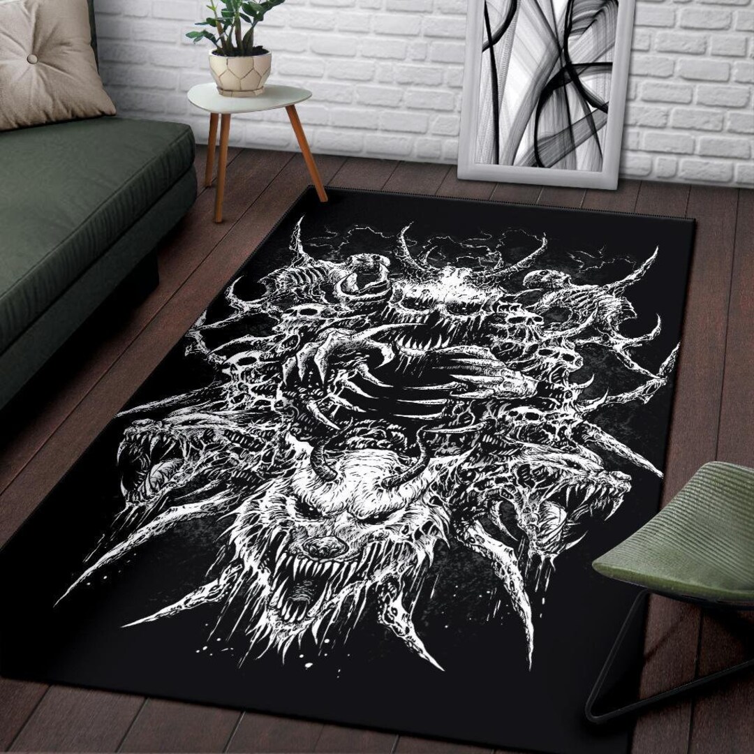 Skull Demon Wolf Area Rug Large Print Original Black and White- - Etsy