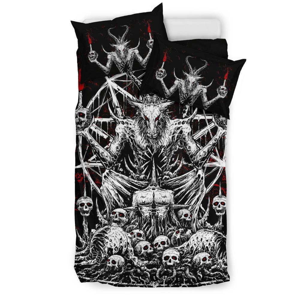 Discover Skull Skeleton Satanic Goat Eternal Impaled Torment Skull Candle Trophy 3 Piece Duvet Set Black And White Red-Satanic Skull Bedding-