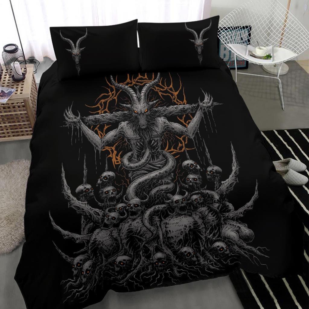 Discover Skull Skeleton Unholy Possessed Messiah Resurrection 3 Piece Duvet Set Silver Dark-Satanic Baphomet Goat Decor-