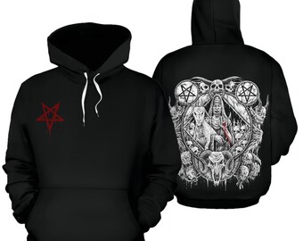 May include: Black hooded sweatshirt with a pentagram on the front and a graphic of a woman with a knife surrounded by skulls and pentagrams on the back.