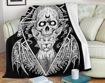 Gothic Skull Cat With Bat Wings Blanket Black And White Version-Gothic Room Decor-Skull Cat Blanket-Skull Blanket-