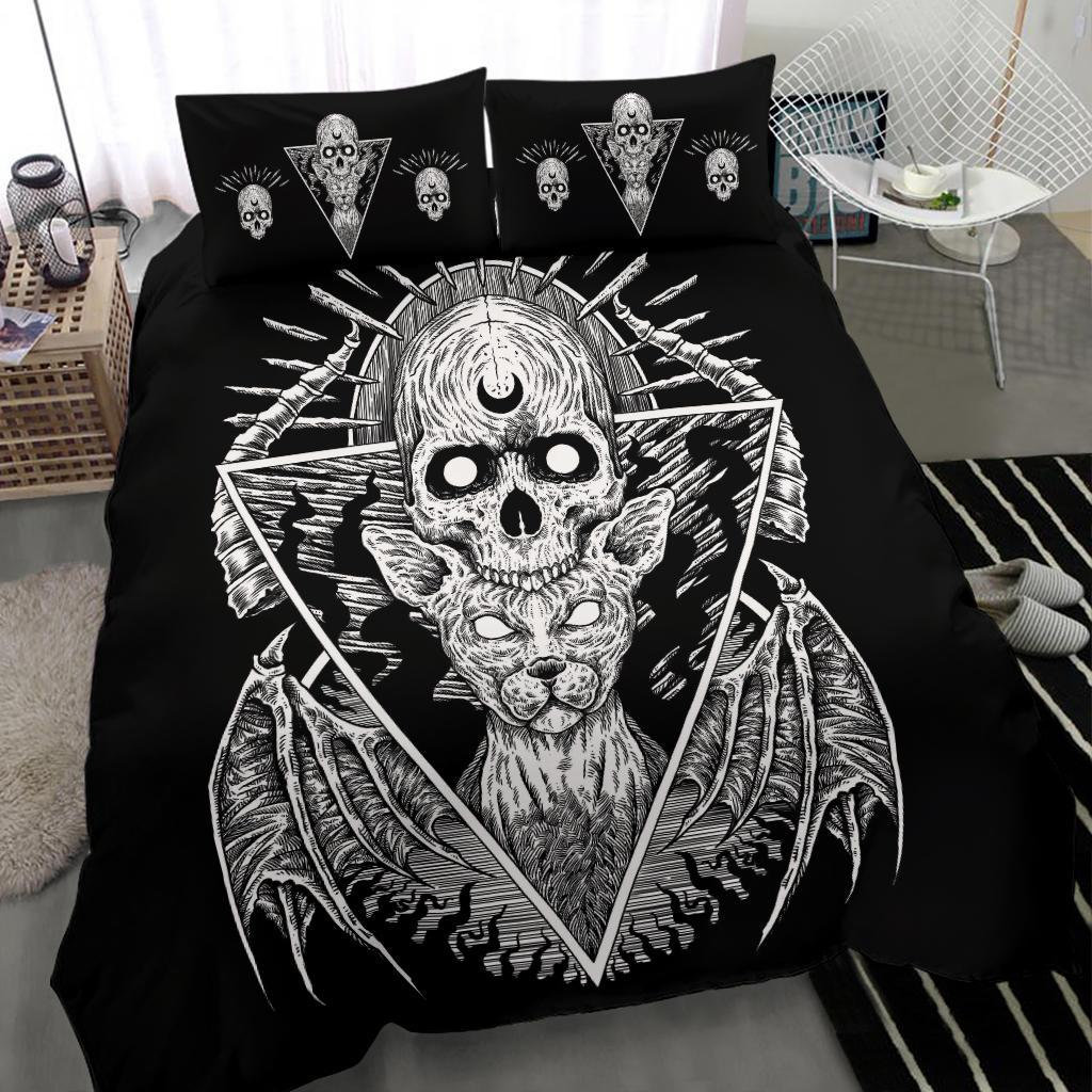 Discover Gothic Skull Cat 3 Piece Duvet Set Skull Cat Pillow Black Version-Gothic Bed Cover-Gothic Skull Bed Cover-Gothic Cat Duvet-