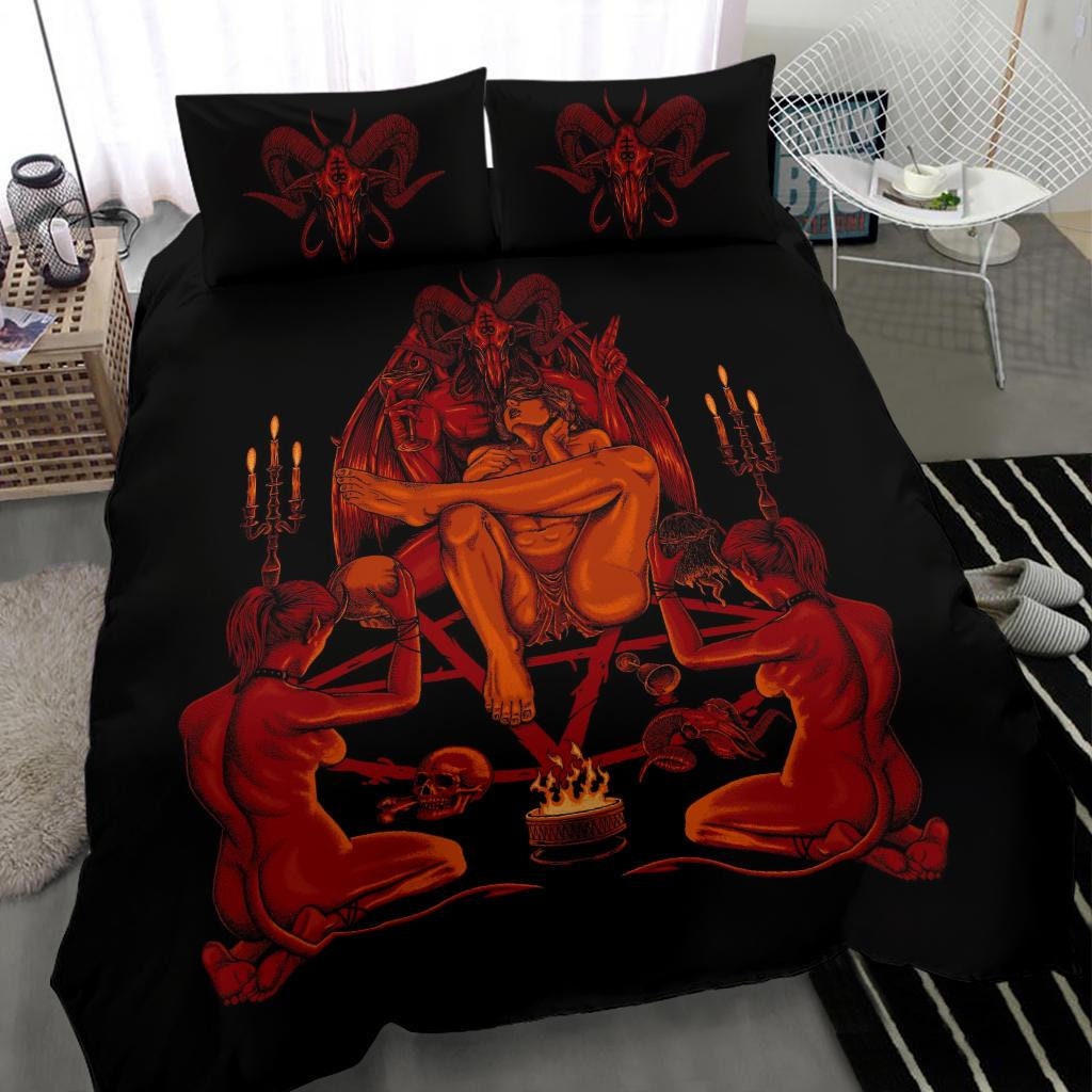 Discover Satanic Pentagram Goat Skull Alcohol Fueled Messiah Head Anatomy Celebration Party 3 Piece Duvet Set Red-Satanic Baphomet Duvet-