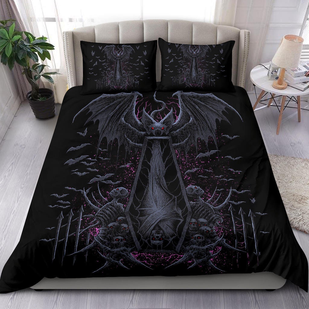 Discover Skull Batwing Skeleton Coffin Shroud 3 Piece Duvet Set Awesome Night Blue Pink-Gothic Bat Skull Bedding-Skull Bat Duvet-Coffin Duvet-