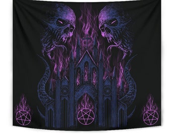May include: A black tapestry featuring a gothic church in the centre, surrounded by two purple flames and two demonic skulls. The church has a cross on top and pentagrams at the bottom.