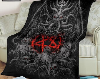 Skull Satanic Pentagram Demon Octopus Blanket Silver And Red Version-Satanic Blanket-Pentagram Blanket-