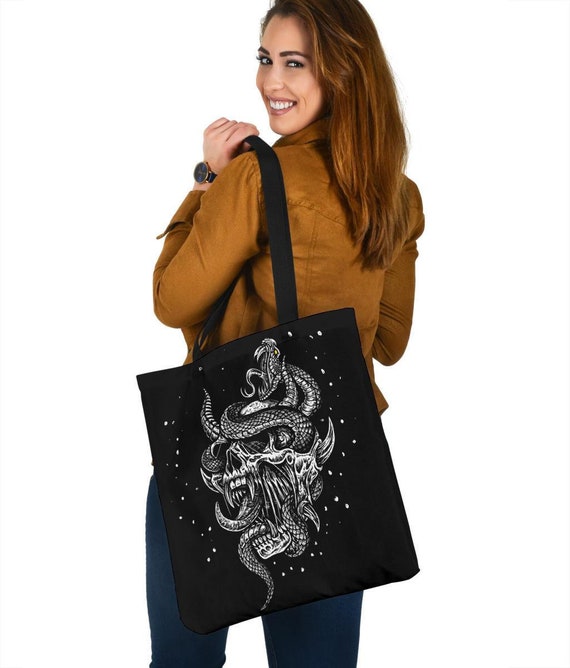Skull Serpent Large Tote Bag-Skull Tote Bag-Skull Snake Tote Bag-
