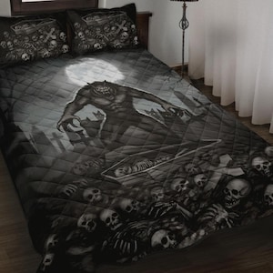 Skull Skeleton Werewolf Pack Creepy Moon light Graveyard Quilt 3 Piece Set-Werewolf Decor-Skull Wolf Decor-