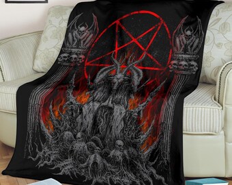 Skull Satanic Goat Satanic Pentagram Flame Winged Demon Original Silver Blanket-Baphomet Blanket-Satanic Pentagram Blanket-