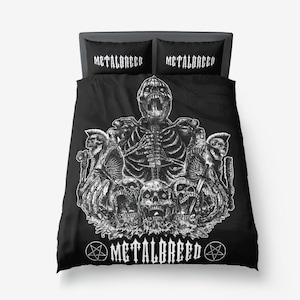 May include: Black and white duvet cover with a graphic print of a skeleton with a pentagram and the text "METALBREAD".