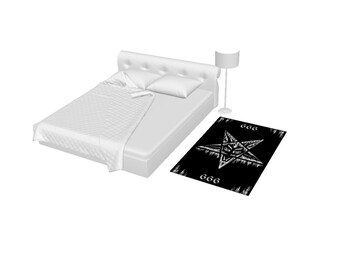 May include: A black and white rug with a pentagram and the number 666 printed on it. The rug is placed in front of a white bed with a white lamp.
