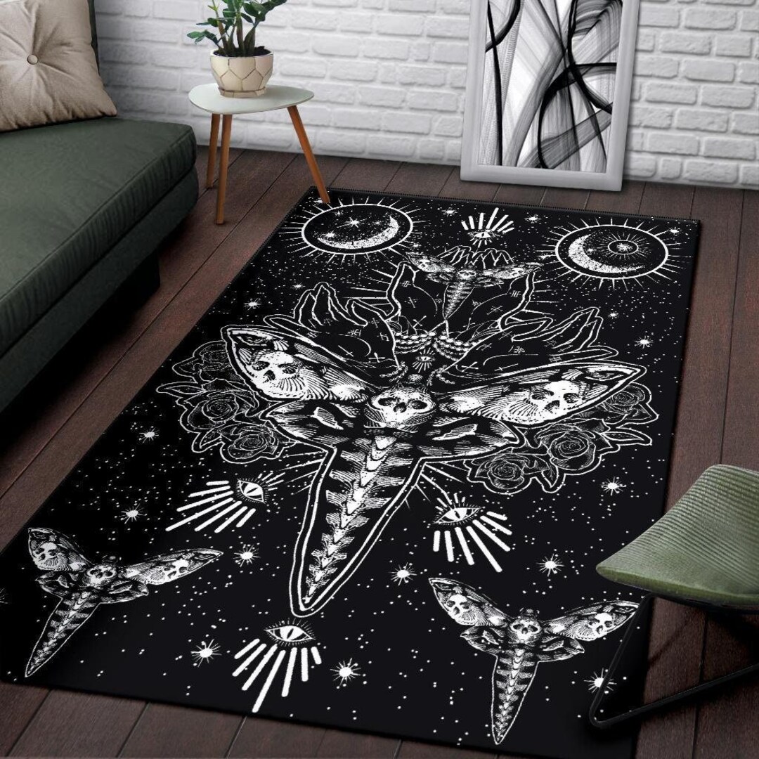 Skull Moth Secret Society Occult Style Area Rug Black and White Version ...