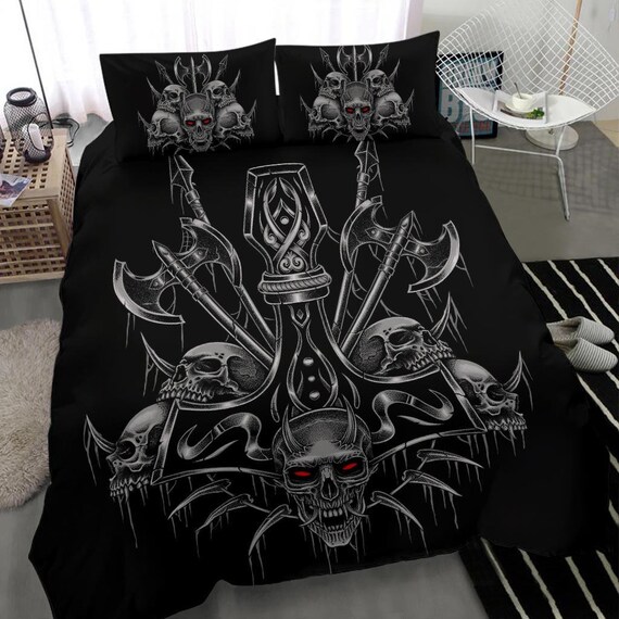Totenkopf Wikinger Thors Hammer Schwert 3 Teiliges Bettset Ehrfürchtig Silber Dämon Rot Auge-Wikinger Dekor-Thor Hammer Decor-Totenkopf Wikinger Deko-