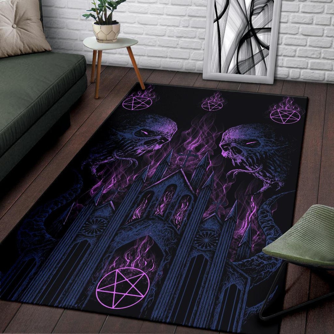 Skull Demon Satanic Pentagram Church Flame Area Rug Night Blue Pink ...