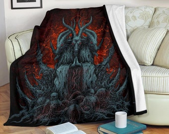 Skull Satanic Goat Blanket Flame Background Color Version-Satanic Goat Room Decor-Satanic Goat Home Decor-