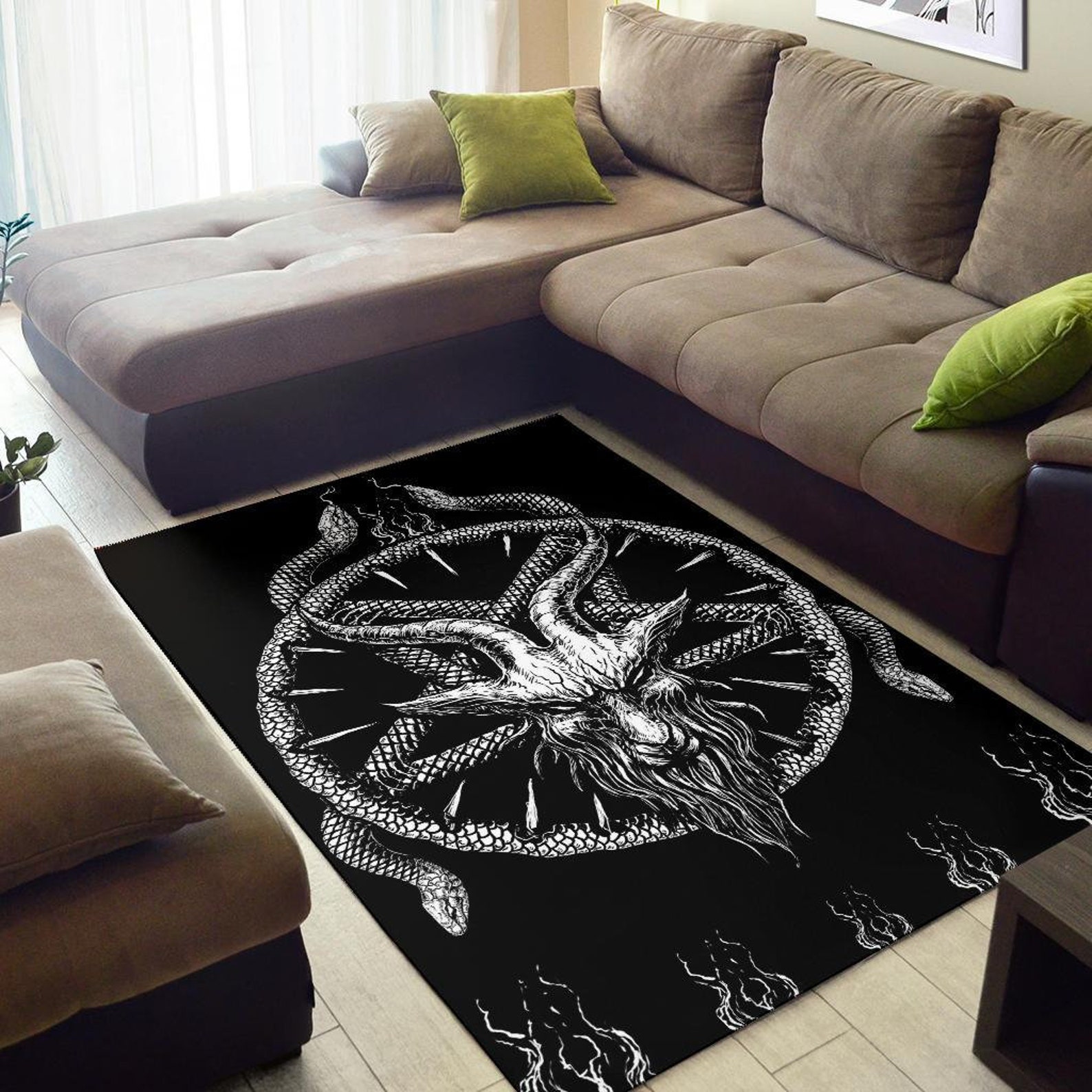 Satanic Area Rug Skull Satanic Demon Goat Satanic Pentagram Serpent Area Rug Large Goat ...