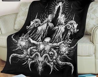 Skull Satanic Goat Demon Impaled and Crucified Blanket Black And White - Skull Baphomet - Skull Blanket- Pentagram Blanket- Satanic Blanket-
