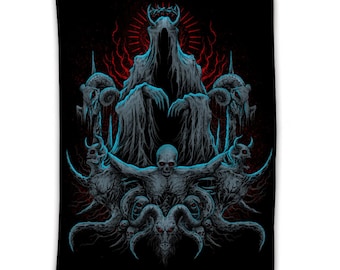 Skull Satanic Goat Demon Impaled and Crucified Tapestry 59 × 79'' Color Version -  satanic tapestry- pentagram wall - baphomet tapestry