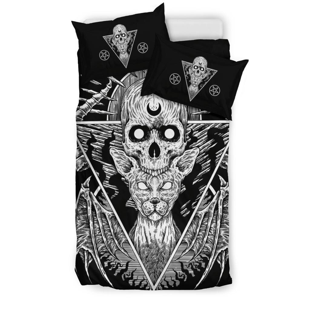 Discover Gothic Skull Cat Inverted Pentagram Version 3 piece Duvet Set-Gothic Skull Cat Bed Cover-Gothic Bed Cover-