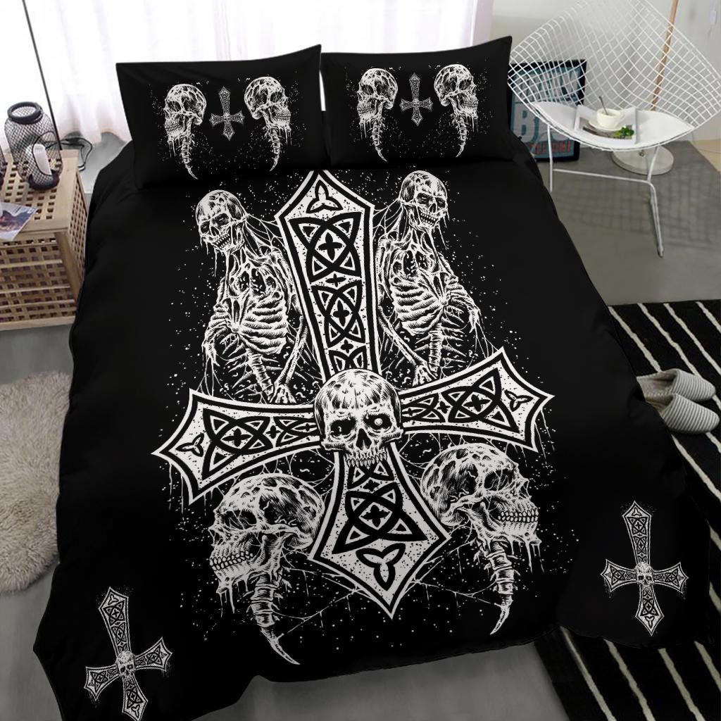 Discover Inverted Skull Skeleton Cross 3 Piece Duvet Set Version # 1 Out Of 4-Inverted Cross Skull Bed Cover-Gothic Bed Cover-Satanic Bed Cover-