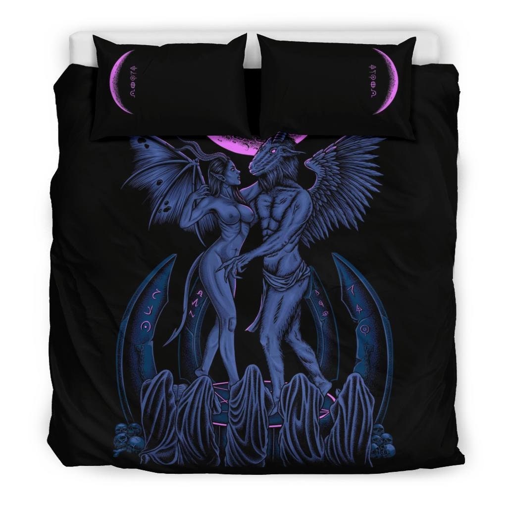 Discover Skull Satanic Pentagram Baphomet Erotic Demon Shrine 3 Piece Duvet Set Erotic Blue Pink-Baphomet Bed Set-Satanic Duvet-Baphomet Bedding-