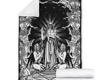 May include: Black and white illustration of a skeletal figure with a lamb in its arms, surrounded by figures with wings and horns. The skeletal figure is standing on a pentagram.