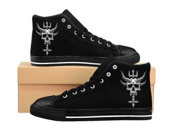 Horned Skull Inverted Cross Dagger Splitting Skull Men's High Tops-Demon Horn Skull High Tops-Gothic Skull Shoes-Thrash Metal Shoes-