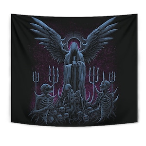 Skull Skeleton Gothic Hooded Wing Demon Sword Large Wall Decoration Tapestry Awesome Night Blue Pink - satanic tapestry- skull wall decor