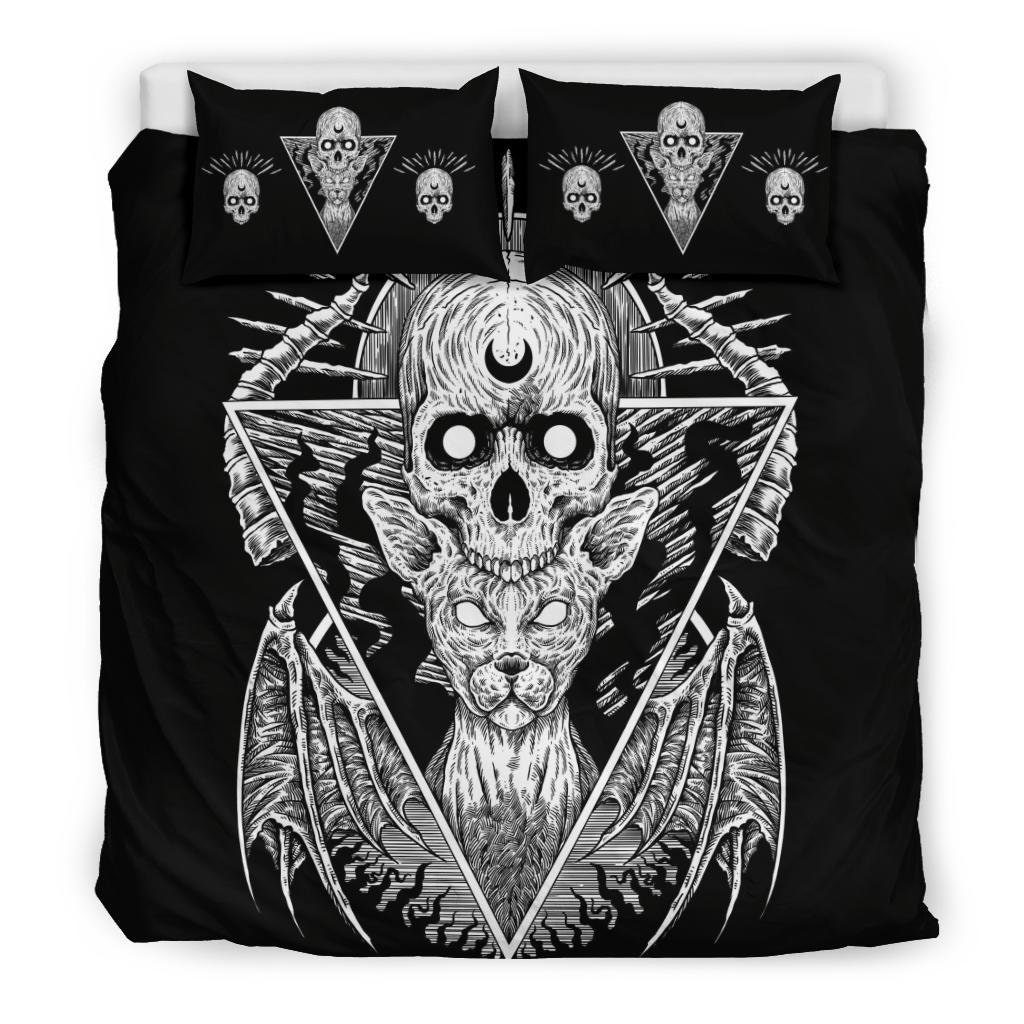 Discover Gothic Skull Cat 3 Piece Duvet Set Skull Cat Pillow Black Version-Gothic Bed Cover-Gothic Skull Bed Cover-Gothic Cat Duvet-