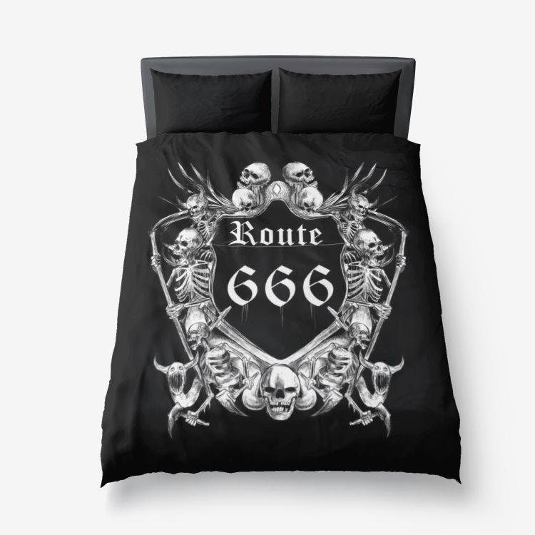 Discover Route 666 Skull 3 Piece Bed Set-666 skull Bed Set-skeleton 666 Bed Set-