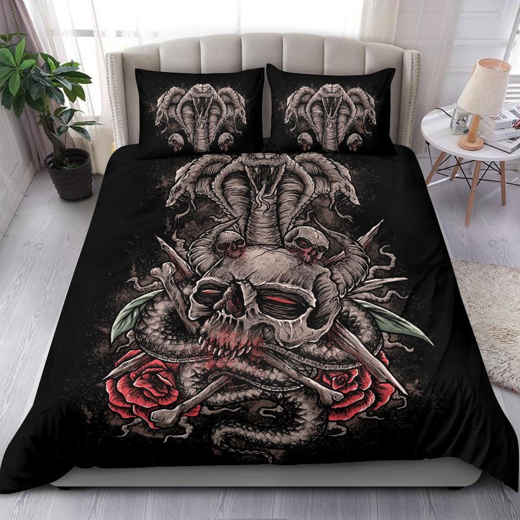 Discover Skull Rose Serpent 3 Piece Duvet Set-Skull Serpent Bed Cover-Skull Bedding-Skull Room Decor Bedding-Skull Snake Bed Cover-