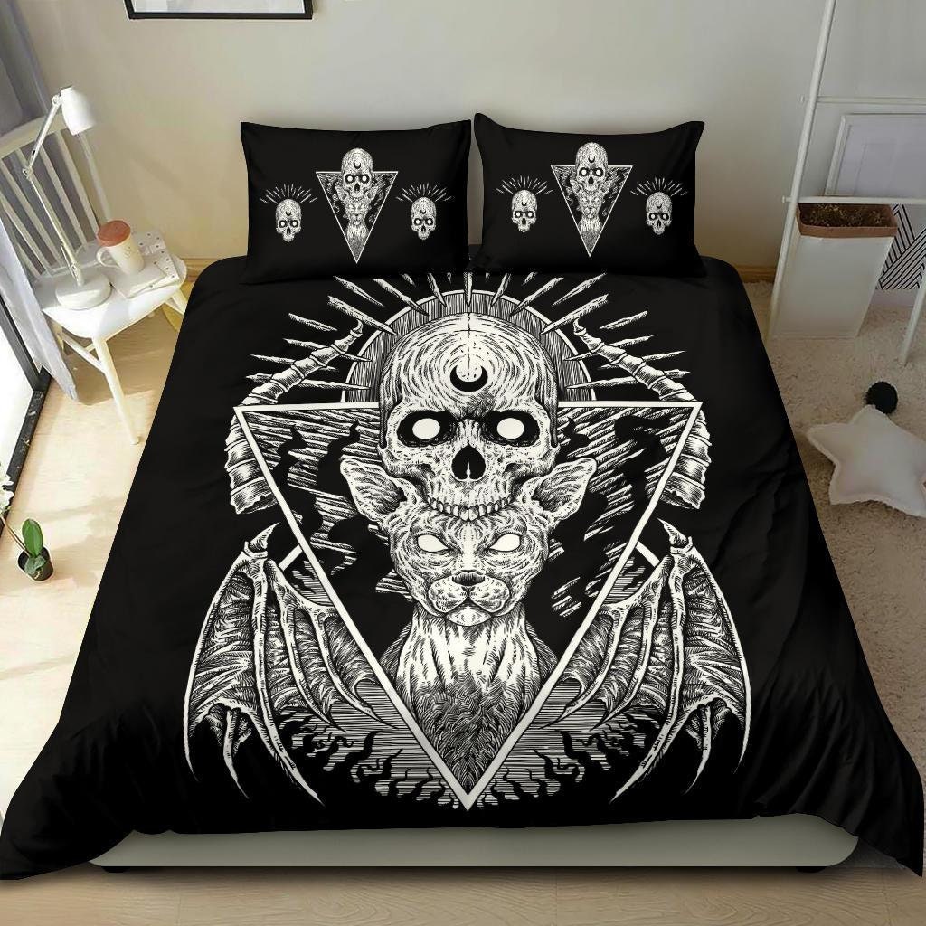 Discover Gothic Skull Cat 3 Piece Duvet Set Skull Cat Pillow Black Version-Gothic Bed Cover-Gothic Skull Bed Cover-Gothic Cat Duvet-