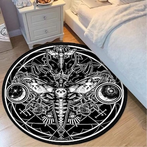 Skull Moth Secret Society Foldable Round Mat - round mat-gothic rug -occult decor -occult rug- occult witch decor- occult rugs- skull moth-