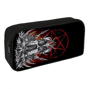 Skull Satanic Goat Satanic Pentagram Flame Pencil Case Bag Large Capacity-Satanic School Gifts-Satanic Stationary Accessories-