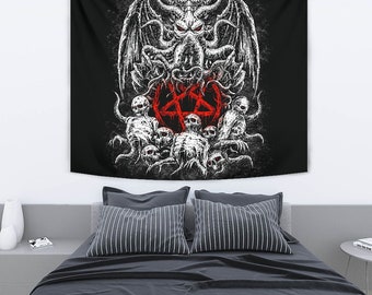 頭蓋骨 スケルトン 悪魔の五芒星 悪魔 タコ 大型壁飾り タペストリー