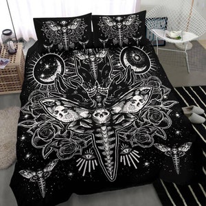 Skull Moth Secret Society Occult Style 3 Piece Duvet Set Black And White Version-Skull Bed Sets-Skull Duvet-Gothic Duvet-