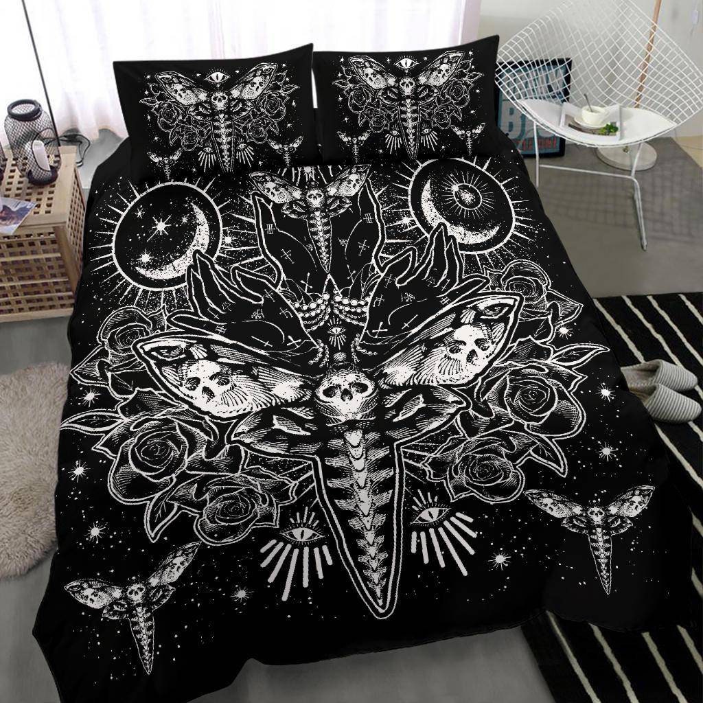 Skull Moth Secret Society Occult Style 3 Piece Duvet Set Black and