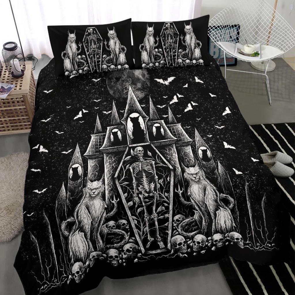 Discover Skull Gothic Cat Skeleton Coffin Gothic Wicked Bat Night House Bedding Set