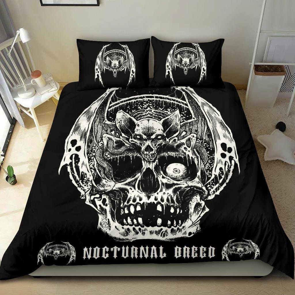 Discover Gothic Skull Bat Nocturnal Breed 3 Piece Duvet Set-Gothic Skull Decor-Skull Home Decor-Gothic Skull Duvet Set-Gothic Skull Room Decor-