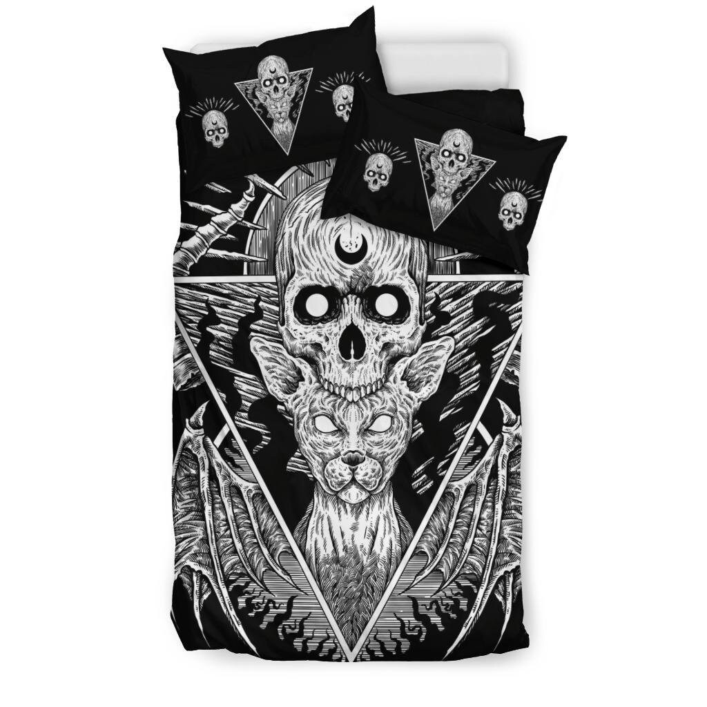 Discover Gothic Skull Cat 3 Piece Duvet Set Skull Cat Pillow Black Version-Gothic Bed Cover-Gothic Skull Bed Cover-Gothic Cat Duvet-