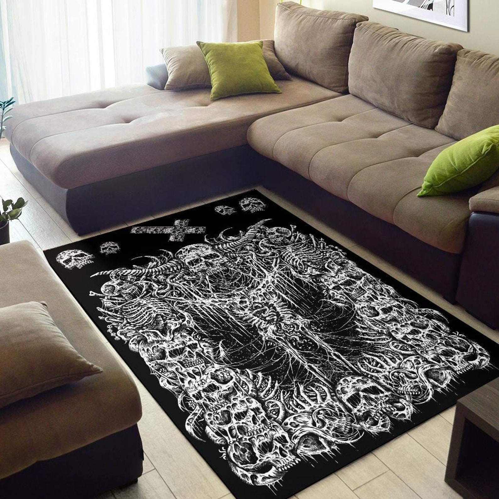 Skull Demon Horn With Headless Skeleton and Inverted Cross Area Rug ...